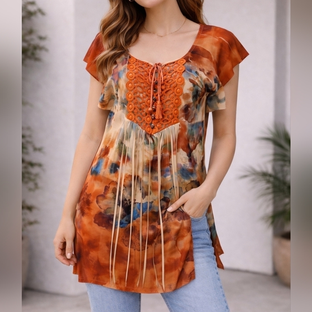 VTG ONE WORLD Floral Watercolor Lace-up Tunic